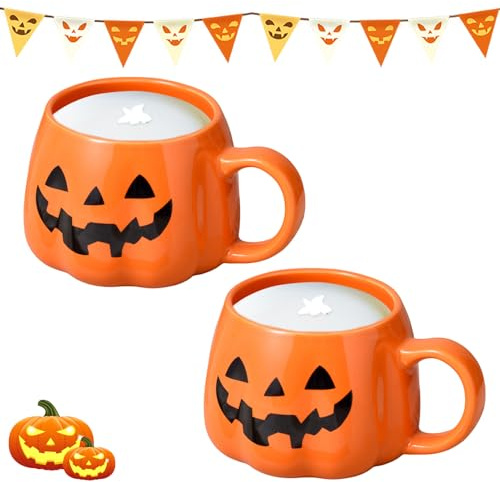 Halloween Kürbis Tasse, 400 ml Kürbis Geister Deko Keramik Kaffeetasse, Niedlich Pumpkin Mug, Kuhmilch Suppentasse, Herbst Tasse, Kürbis Teetasse Für Halloween Erntedankfest (2 Stück)