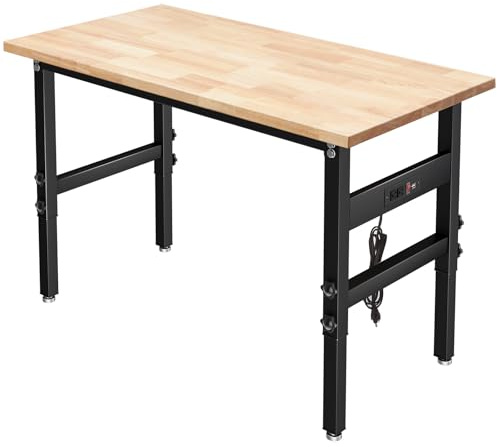 48 Adjustable Work Bench Garage Workbench with Power Outlets, 2200 Lbs Capacity Hardwood Top Work Bench Table Heavy-Duty Workbench for Garage, Workshop, Office, Home