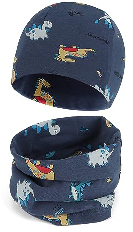 Cheerful Mario Cotone Berretto e Sciarpa Scaldacollo Coordinati per Bambini Modello Carino Neonato Cappello y Sciarpa Blu Dinosauro 6-24 mesi