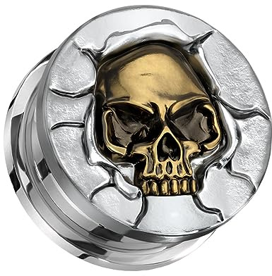 beyoutifulthings Ohr-Tunnel Silber Bronze Totenkopf Chirurgenstahl Messing Ohr-Piercing Ohr-Schmuck Plug Screw Fit Schraub-Verschluss 8-25mm