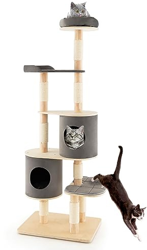 GYMAX Cat Tree, Cats Play Tower House with Plush Perch, Scratching Posts, Platform and 2 Condos, Kitten Activity Centre for Climbing, Scratching and Sleeping (Gray) | with Platform and 2 Condos, Kitten Activity Centre for Climbing, Scratching and Sleeping (Gray)