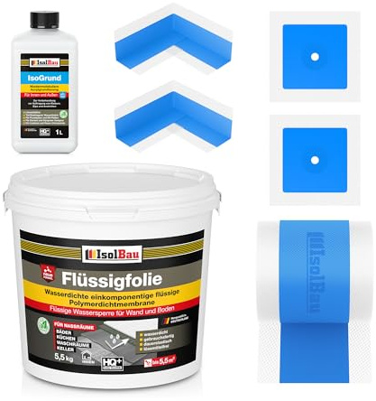 Isolbau Dicht-Set - Inkl. 1x Flüssigfolie (5,5 kg), 1x Isogrund (1 L), 1x Dichtband (5 m), 2x Innenecken & 2x Manschetten