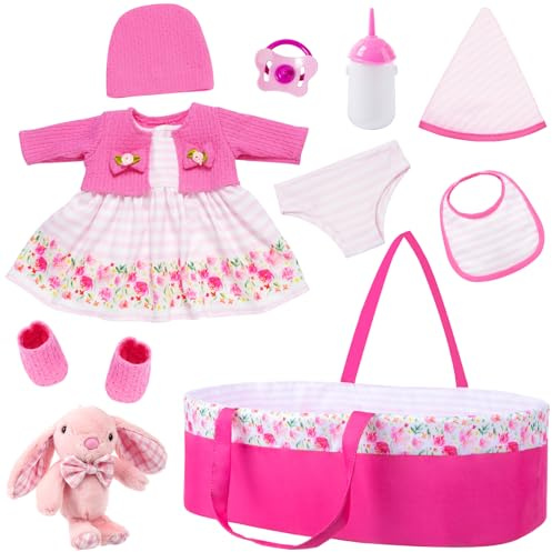 10 Pcs Baby Doll Clothes with Bassinet for 13-16 inch Doll, Baby Doll Reborn Outfit Clothes Accessories Including Bib Nursing Bottle Rubber Pacifier Hat with Peony Pattern