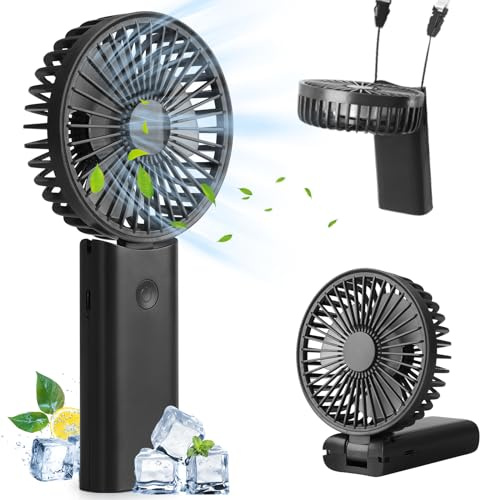 Hianjoo Portable Handheld Fan, 5 in 1 Mini Handheld Fan 4000mAh, 90° Rechargeable Folding Desk Fan, Neck Fan, 3 Adjustable Speeds with Phone Holder Base, Personal Fan for Indoor and Outdoor(Black)
