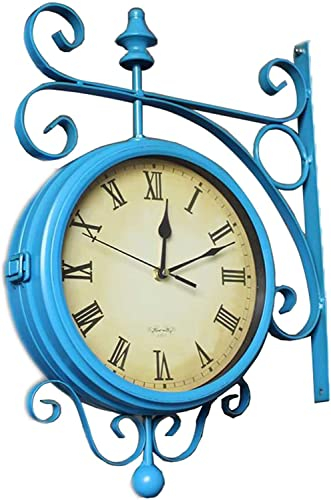Retro Bahnhofsuhr Doppelseitige Wanduhr, Metall, zwei Gesichter, Retro-Stationsuhr, antike Hängeuhren for Garten, Terrasse, Pool, Lanai, Zaun, Heimdekoration, Wohnzimmer, Arbeitszimmer, Wanddekoration