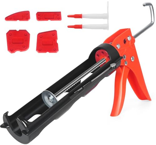 Caulk Gun Kit, No Drip Silicone Caulking Gun, Sealant Finishing Tool, Caulk Nozzle with Caulk Saving Cover, 15:1 Thrust Ratio Hand Caulk Guns, Smooth Round Rod for 10oz Caulk Tubes.