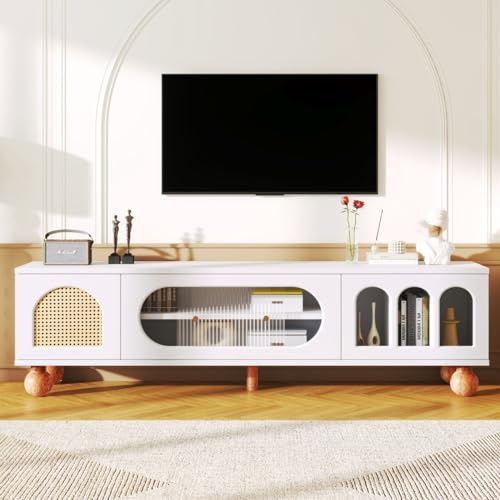 KOMHTOM Weißer Rattan-TV-Schrank Modernes Sideboard, Wohnzimmerschrank TV Ständer mit DREI Türen und runden Holzbeinen, Mehrzweckschrank für Wohnzimmer Schlafzimmer (B)