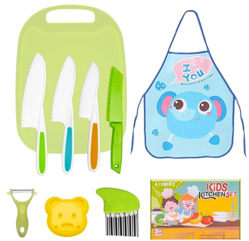 AIXMEET Set Di 9 Coltelli per Bambini con Bordi di Taglio Seghettati per Frutta, Pane, Verdura - Plastica Montessori con Grembiule