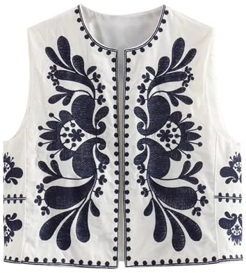 Bauzuoyo Gilet de femme vintage avec broderie de fleurs, gilet sans manches, gilet brodé ethnique Y2K fleurs brodées cardigan rétro ethnique style boho gilet traditionnel brodé gilet hippie tops, Bleu