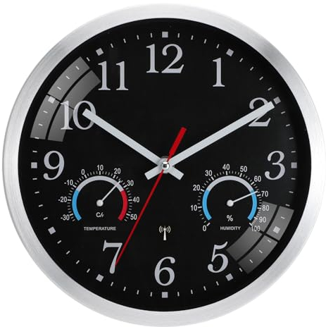 Ziprote Funk Wanduhr, Funkuhr Wand mit Temperaturanzeige und Luftfeuchtigkeit, Moderne Küchenuhr, Leicht zu Lesen, Wanduhr Ohne Tickgeräusche für Schlafzimmer, Büro, Badezimmer (Schwarz)