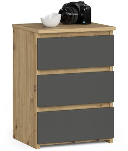 AKORD | Nachttisch Kommode CL-3 mit 3 Schubladen | für das Wohnzimmer Schlafzimmer Schrank Büro Arbeitszimmer | B40 x H57 x T35 cm, Gewicht 26 kg | Artisan Eiche & Graphitgrau Front