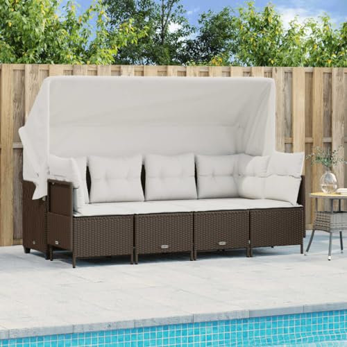 Homgoday 5-TLG. Garten-Sofagarnitur mit Kissen Balkonmöbel Gartenmöbel Gartensofa mit Dach Loungemöbel Sitzgruppe Sofagarnitur Ecksofa für Balkon Terrasse Braun Poly Rattan