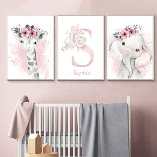 Youihom 3 Bilder mit Namen Kinderzimmer Poster Baby Tiere Mädchen Rosa Grau 30x40 Bilder Babyzimmer Safari Elefant Giraffe Wandposter Personalisiert Baby Leinwand Mädchenzimmer ohne Rahmen