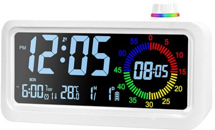 Lychee Sveglia digitale, sveglia con schermo LED a colori e timer, 2 livelli di luminosità, 3 volumi, 3 allarmi, Snooze, 12/24H, conto alla rovescia, 2 modalità di visualizzazione (Bianco)