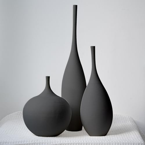 Relexome Schwarz Keramik Vasen 3er-Set, Moderne Skandinavische Deko Vasen, Wabi-Sabi Blumenvasen, Boho Home Decor Für Pampasgras & Trockenblumen, Matt Minimalistisch Für Wohnzimmer, Tisch, Regal