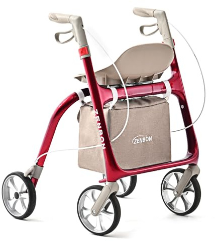 Deambulatore con Seduta per Anziani: Carrello Deambulatore da Interno con Maniglia Regolabile in Altezza - Rollator per casa pieghevoli con pneumatici da 20 cm per tutti i terreni (Rosso)