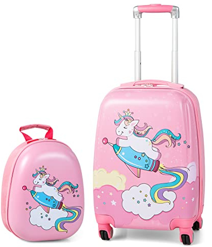 HOMFME 2 PCS Kids Luggage Set, Children Suitcase and Backpack Set with Adjustable Handle and Universal Wheels, Hard Shell Toddler Trolley Case for Travel School (12 + 18 Inch, Pink Unicorn)
