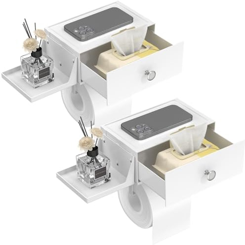 Lifewit Plástico Portarrollos con Estante y Cajón de Pared Atornillado o Adhesivo, Caja Dispensadora de Toallitas Húmedas para Baño, Resistente al Polvo y Apta para el Inodoro, Blanco, 2 Paquete