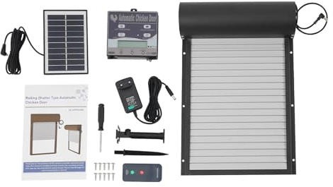 NaMaSyo Automatische Hühnerklappe Solar Elektrische Hühnertür Rolltor mit LCD Display, Fernbedienung, Solarbetrieb, Lichtsensor, Timer 4 Modi für Geflügel (Schwarz)