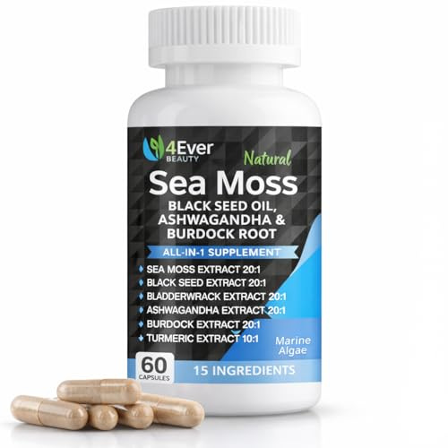 4Ever Beauty Sea Moss Capsules with Black Seed Oil & Ashwagandha – Daily Wellness & Vitality Formula for Women & Men, with Bladderwrack, Vitamin D3, Dandelion Root, Yellow Dock & More | 60 Capsules