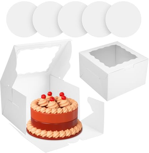 saerryor 8 Pcs White Cake Boxes with Window & 8 Pcs 8 Inch Round Cake Boards, Cardboard Square Baking Boxes Cakes Containers for Bakery Cookies Dessert Wedding Birthday Party, 8x8x5 Inch