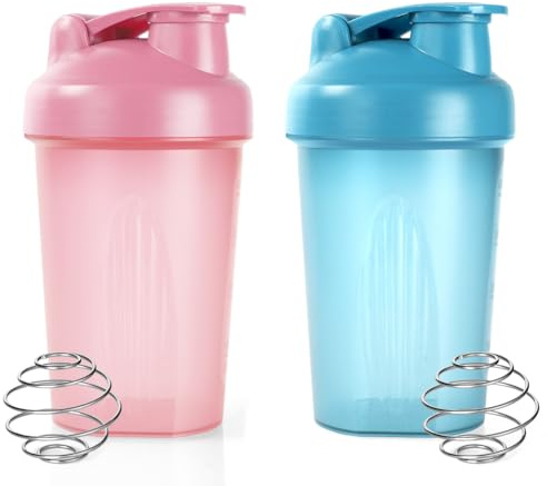 Fefod Protein Shaker, 400ml Botella Mezcladora de Batidos de Proteínas, Taza para Batidos de Proteínas para Fitness, Proteína Shaker a Prueba de Fugas con Bola Mezcladora, Azul + Rosa