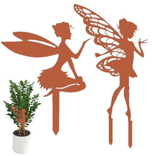 Mágico Juego de 2 Hadas de Jardín en Metal Envejecido - Figuras con Alas para Macetas, Terraza y Balcón - Decoración Rústica en Estilo Óxido - Plantador Resistente a la Intemperie
