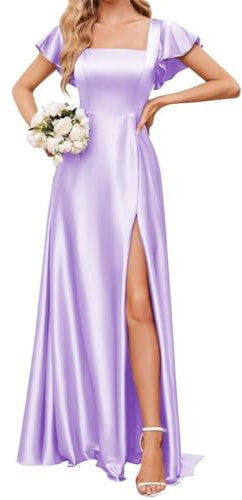 Principessa Abiti da Damigella D'Onore Flutter Manica Prom Abiti Raso Formale Sera Partito Maxi Abito con Spacco ZM264, Lilla, 46