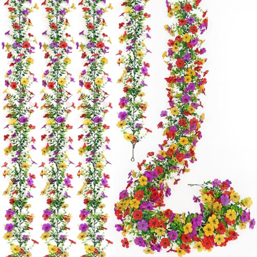 MEIVINES 4 Pack Artificial Flower Garland,5.9FT UV Resistant Fake Daisy Floral Vine Silk Hanging Spring Wild Flower Garland for Home Mantle Garden Wedding Booth Backdrop Decor (Red Yellow Purple)