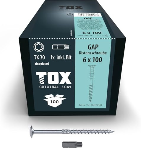 TOX Distanzschrauben GAP M 6,0 x 100 mm, Abstandsschraube aus verzinktem Stahl, millimetergenaue Ausrichtung von Holz-Unterkonstruktionen, TX30, 100 Stück im Karton, inkl. 1x Bit, 1141404160100