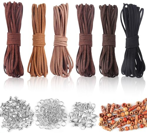 6 Farben Lederband 3mm, Flaches Lederschnur mit Verschluss und Makramee Perlen Lederbänder für Ketten 30M (5x6M) Leder Band für DIY Armband Halskette Handwerk Schmuck