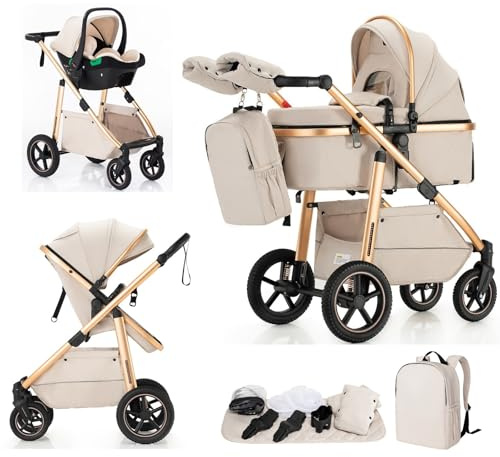 Lnhcrbs Carrito Bebe 3 en 1,Se Puede Bloquear las Ruedas Delanteras,Beige