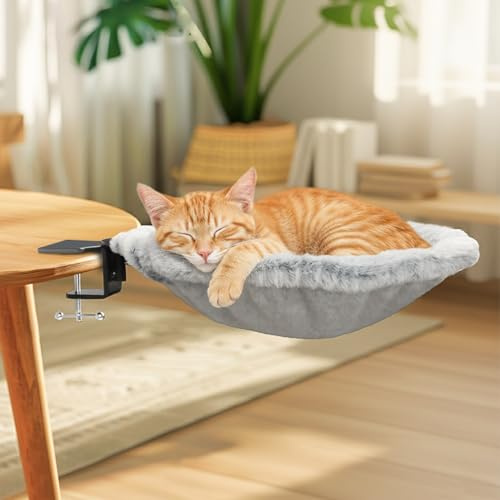 TILZIKA Katzen-Schreibtisch-Sitzstange, Katzen-Schreibtisch-Bett, Hängematte, 20,4 kg Kapazität, Arbeitsplatz mit Klemme und waschbarem Tuch, platzsparendes Design