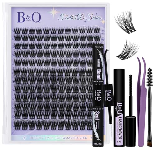 B&Q Lash Cluster Set Wimpern Extensions Fluffy - Feath5D 02 Fake Lashes Cluster Mit Wimpernkleber 7 Tage Halt, Künstliche Wimpern Set 8-18mm C Curl Falsche Wimpern(Set-Feath5D 02）
