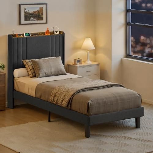 Blishom Cama Tapizada de 90 x 200 cm con Luz LED Regulable, Estación de Carga USB/Tipo-C, Cabecero Acolchado con Estante, Somier de Lamas, Gris Oscuro para Habitaciones Pequeñas