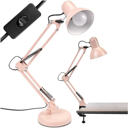Lumiled Schreibtischlampe Puderrosa Metall E27 Fassung Verstellbarer Arm mit Klemme Retro klassisch Leselampe Tischleuchte Tischlampe Arbeitsleuchte Nachttischlampe Kinderzimmer Arbeitszimmer