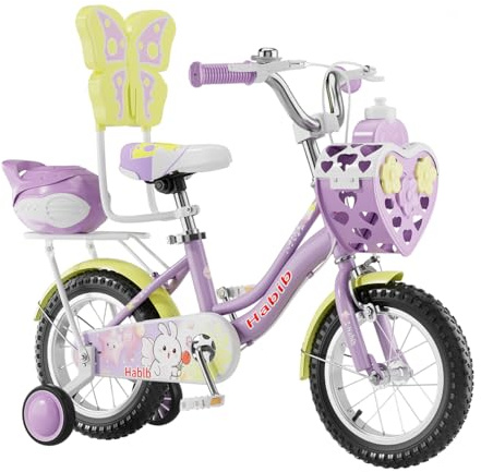 Habib Gruppe Mädchenfahrrad Prinzessin-Edition 16 Zoll | Komplettset mit Korb, Trinkflasche, Schutz-Set & Pumpe | Kinderfahrrad mit Stützrädern & Dual-Bremssystem für Mädchen 3-8 Jahre - (Lila)