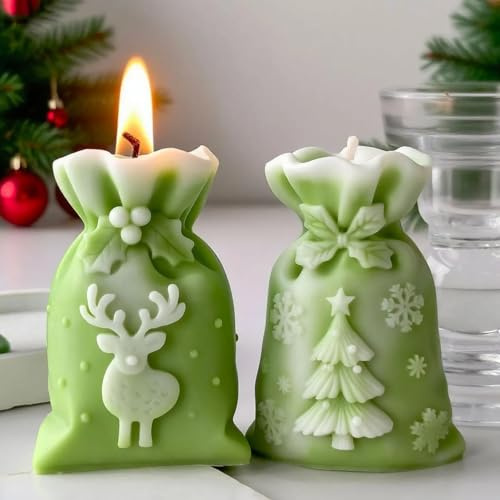 Weihnachtskerzen im Geschenksack-Design Rentier Tannenbaum Motiv Kerzenform Weihnachten Kerzenform Kerzenformen zum Gießen 3D Kerzen Formen Silikon für Weihnachtendeko Geschenke
