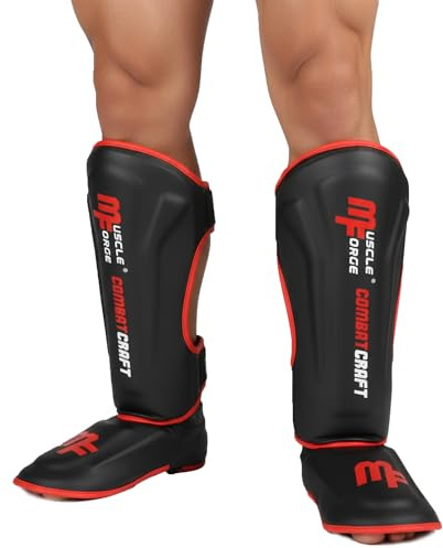 MuscleForge Schienbeinschoner Kickboxen mit Fußschutz, für Muay Thai, MMA & Boxen, Kickboxen Schienbeinschützer für Herren Damen Kinder, Größe M – Eva-Polster, PU-Material, Verstellbare Riemen