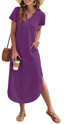 AUSELILY Women's Summer Casual Maxi Dress Short Sleeves V Neck Loose Sundress Split Long Beach Shirt Dress Vacation