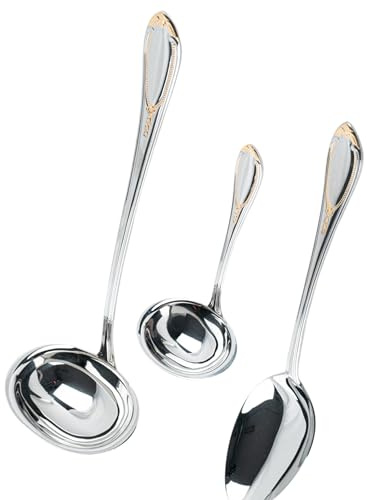 Juego de Servir Glamour 7000 (3 Piezas) Cazo Sopero, Cuchara de Servir y Cazo para Salsa, Acero Inoxidable con Detalles en Oro 23-24K, Apto para lavavajillas