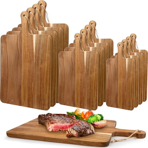 12 Pcs Acacia Wood Cutting Board Bulk, Wooden Kitchen Chopping Boards with Handle Hanging Rope, Multipurpose Serving Boards for Pizza Bread Meat Vegetables Fruit (3 Sizes)