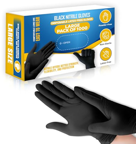 TB1 Products Black Nitrile Gloves 1000 Pack Large | Disposable Latex-Free, Powder-Free Gloves for Cleaning, Food Prep, Tattoo, Salon, Mechanics & Home Use | Strong Grip