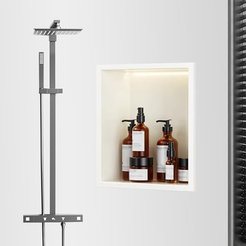 Ducha LED impermeable de acero inoxidable empotrable con estantes ajustables para baño, diseño moderno, solución de ahorro de espacio, sin instalación de azulejos