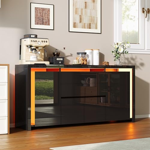 Sideboard TV Lowboard mit LED Licht - Hochglanz Schwarz Modern, 4 Türen & 2 Schubladen, Schrank mit versteckten Griffen & großer Stauraum (Schwarz, 160 x 75 x 35 cm)