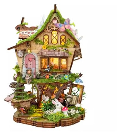 DIY Miniature Treehouse Kit, Rowan's Treehouse 3D Wooden Booknook Model Kit with Touch-sensing LED System, Miniature Greenery, Gifts & Home Decor for Adults (137PCS)