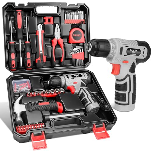 JENABOM Tool Set, 146-Piece Home Tool Kit with 8V Cordless Drill Set | Portable Tool Set with Storage Case, Hand Tools Kit for Apartment, Office & Daily DIY Repairs, for Men & Women