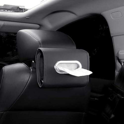 Auto Tissue Box for Cars with Elastic Band to Secure Standard Tissues Fits Dashboard Seat Back Headrest and Armrest PU Leather Design (black)