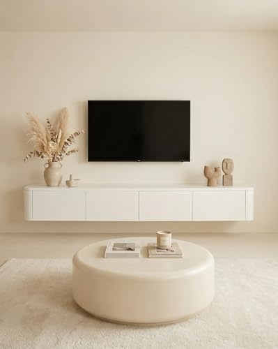 Amveya Schwebendes TV Lowboard Hängend 140 cm Schrank Weiß mit LED Modernes Fernsehschrank mit Schubladen Wandmontage TV Board Sideboard für Wohnzimmer