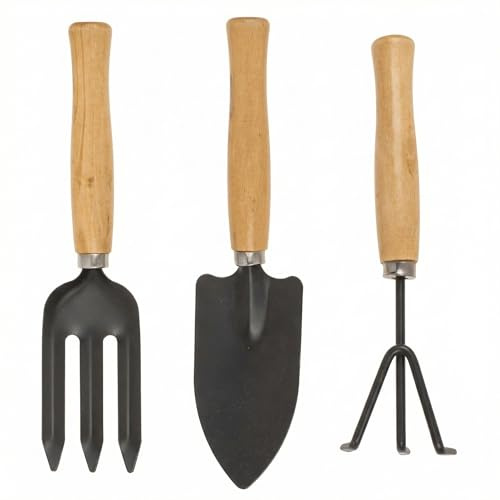 MIJOMA Juego de 3 herramientas de jardín de 25 cm – Pala, tenedor y rastrillo para maceta, balcón y bancal elevado, mangos de madera con metal anodizado